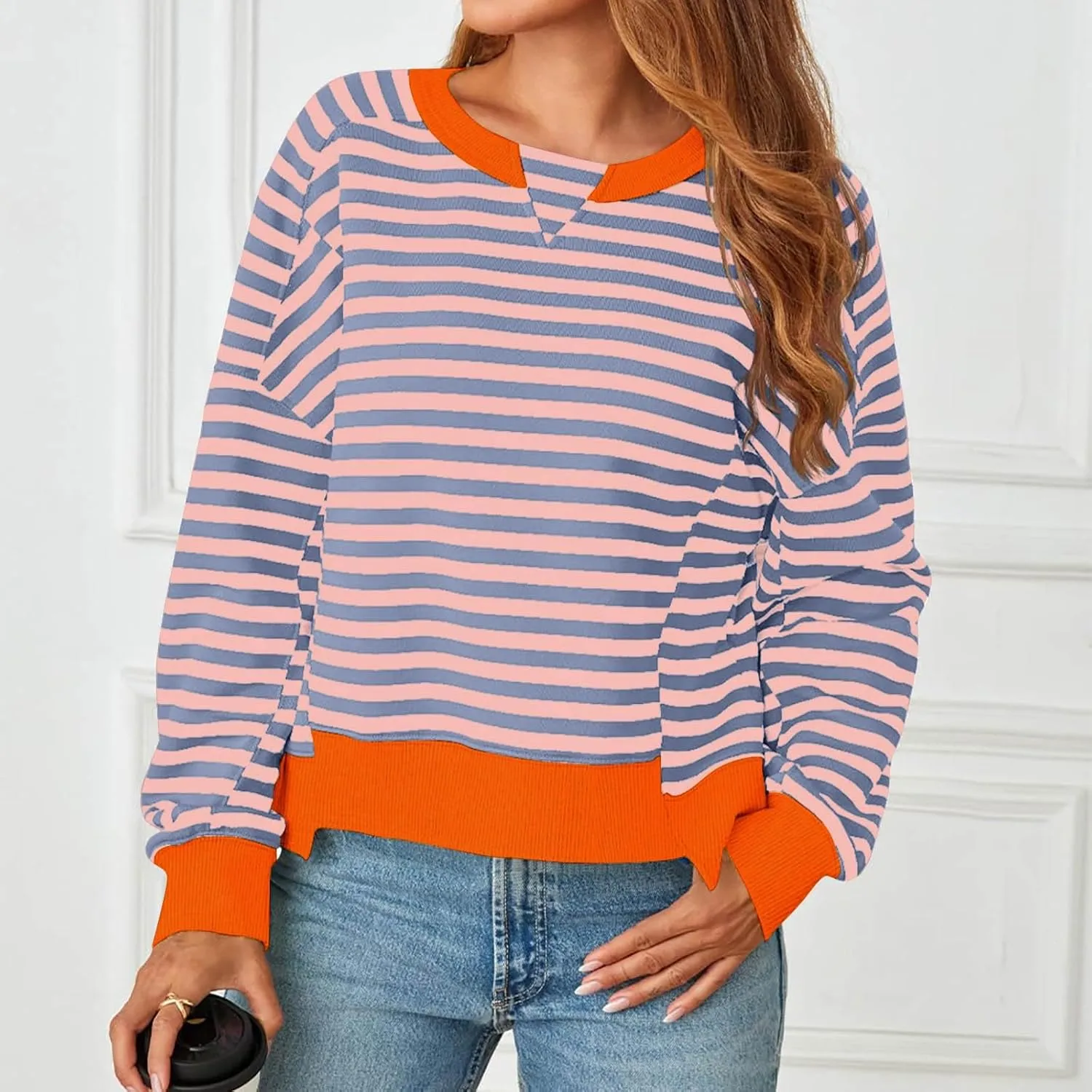 Women's Striped Color Block Cropped Sweatshirts Oversized Crewneck Long Sleeve Sweater Y2K Shirt Tops