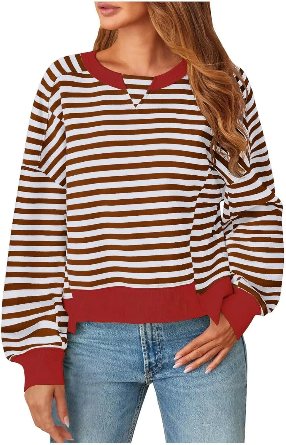 Women's Striped Color Block Cropped Sweatshirts Oversized Crewneck Long Sleeve Sweater Y2K Shirt Tops