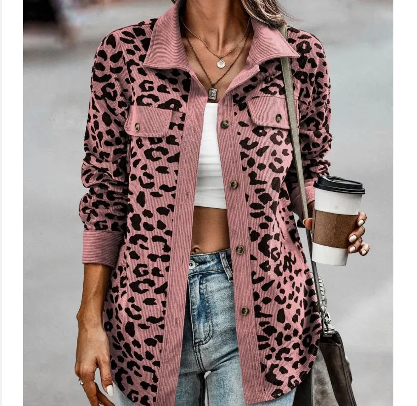Women's Stylish Button Down Leopard Print Corduroy Shacket