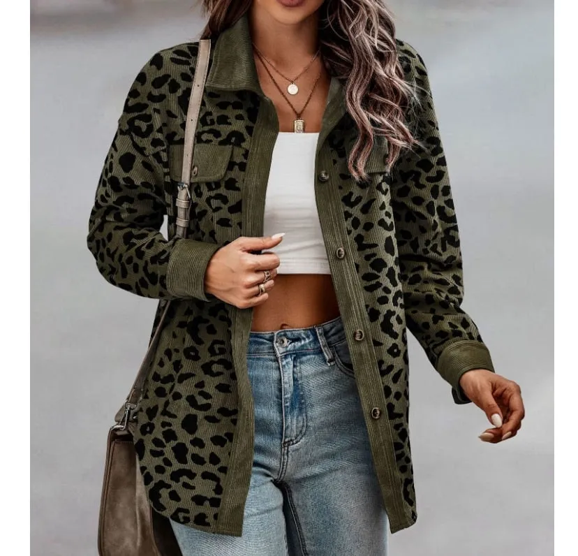 Women's Stylish Button Down Leopard Print Corduroy Shacket