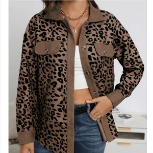 Women's Stylish Button Down Leopard Print Corduroy Shacket