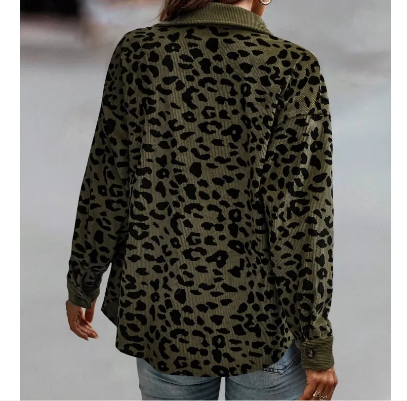 Women's Stylish Button Down Leopard Print Corduroy Shacket