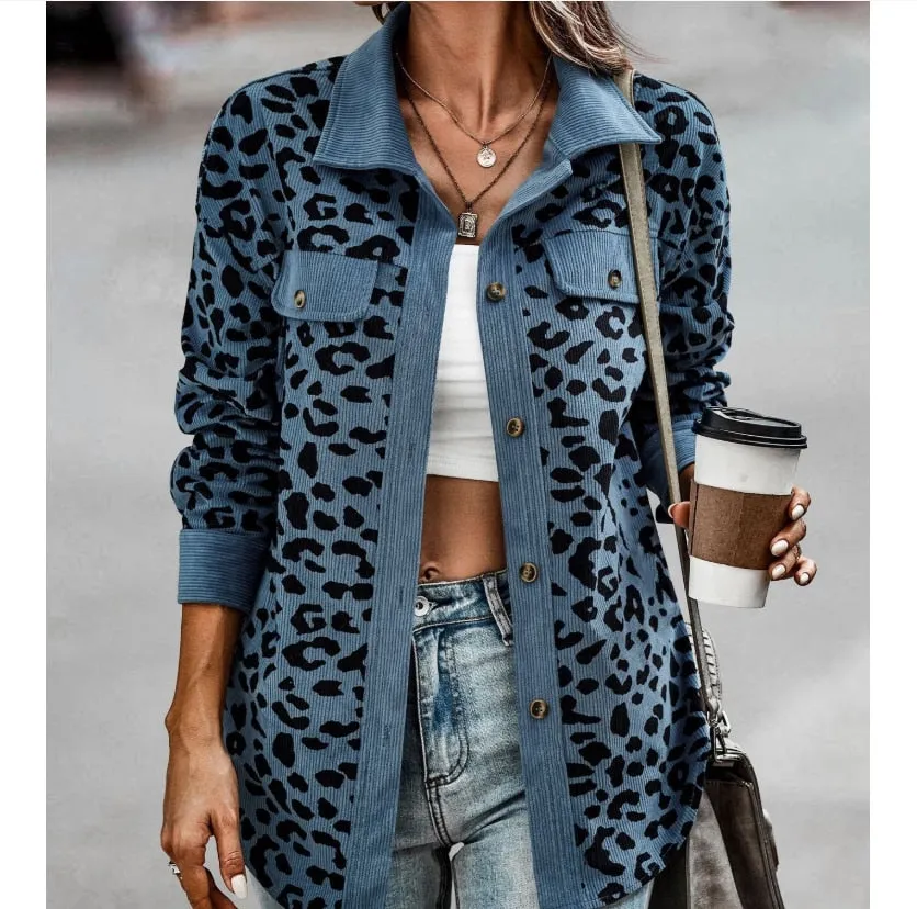 Women's Stylish Button Down Leopard Print Corduroy Shacket