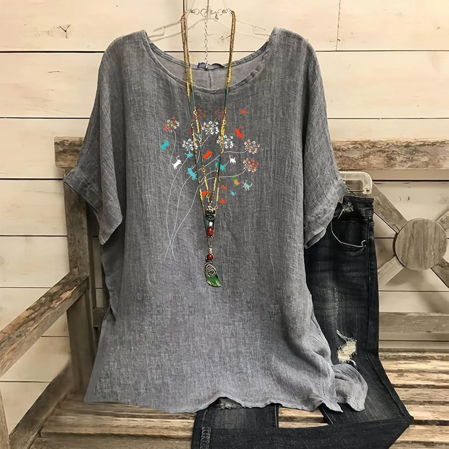 Womens Summer Tops Cotton Linen T-Shirts Trendy Dressy Butterfly Graphic Tees Short Sleeve Blouse Holiday Comfy Shirts