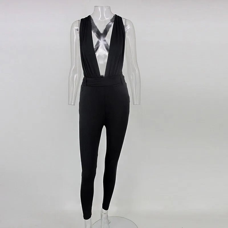Women's Summer V-Neck Backless Jumpsuit With Sashes