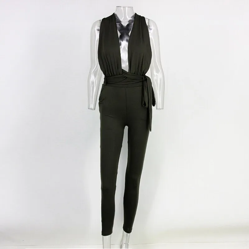 Women's Summer V-Neck Backless Jumpsuit With Sashes