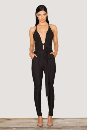 Women's Summer V-Neck Backless Jumpsuit With Sashes