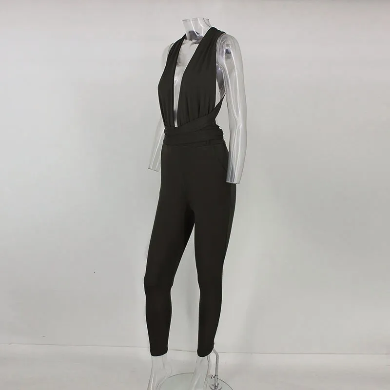 Women's Summer V-Neck Backless Jumpsuit With Sashes