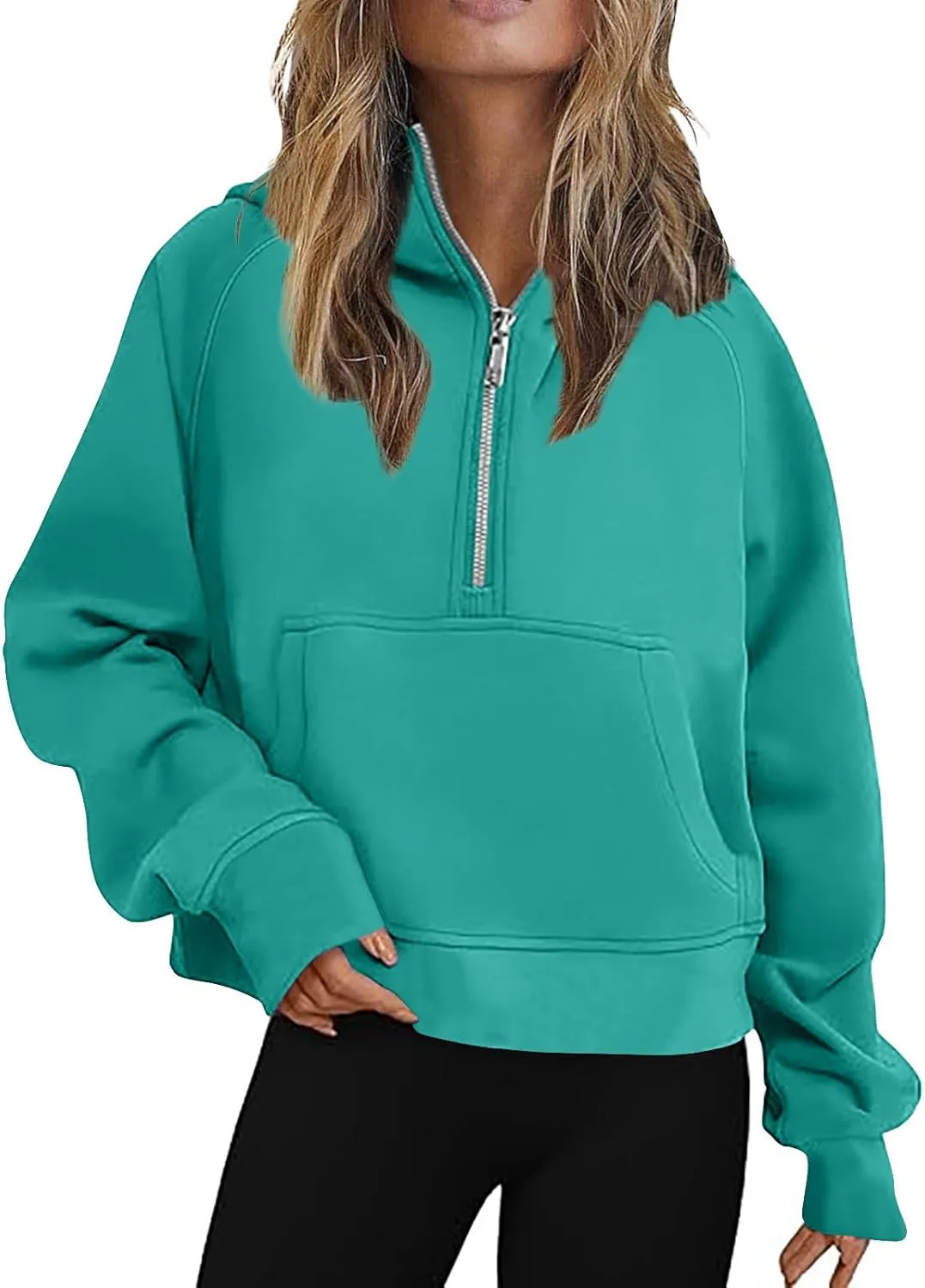 Womens Tops 2024 Winter Long Sleeve Pocket Sweatshirts Sweater Solid Half Zip Fleece Cropped Hoodies Pullover Blouse