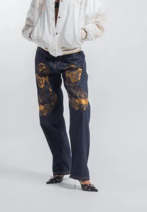 Womens Traditional Geisha Tonal Relaxed Denim Trousers Jeans - Indigo
