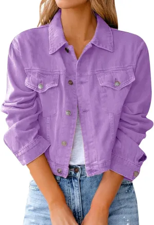 Womens Vintage Cropped Denim Jackets Long Sleeve Button Down Casual Slim Fitted Distressed Jean Jackets Outerwear