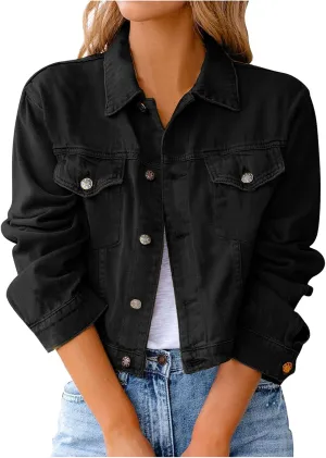 Womens Vintage Cropped Denim Jackets Long Sleeve Button Down Casual Slim Fitted Distressed Jean Jackets Outerwear