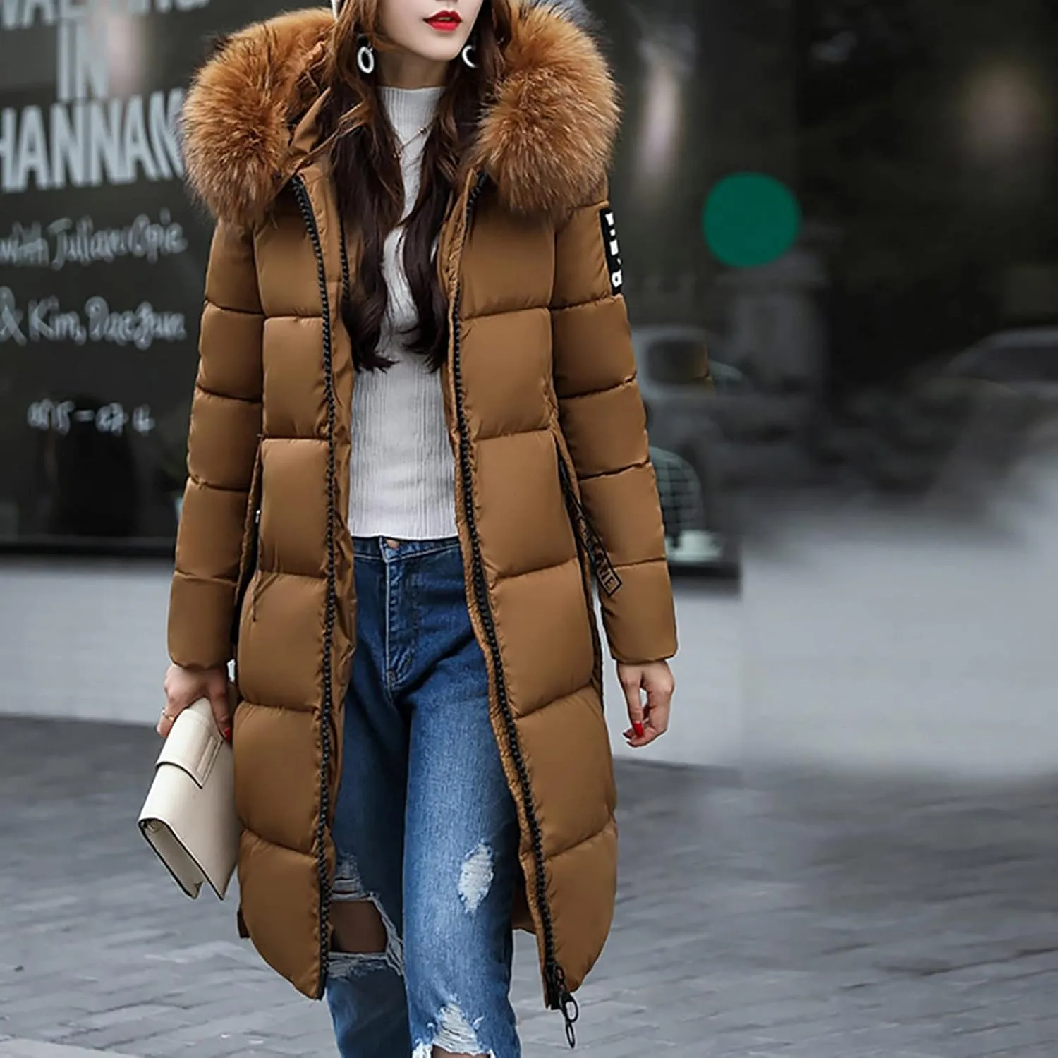 Womens Winter Coats Trendy Plus Size Long Down Coat Hooded Thickened Quilted Warm Maxi Parka Puffer Jackets Outerwear
