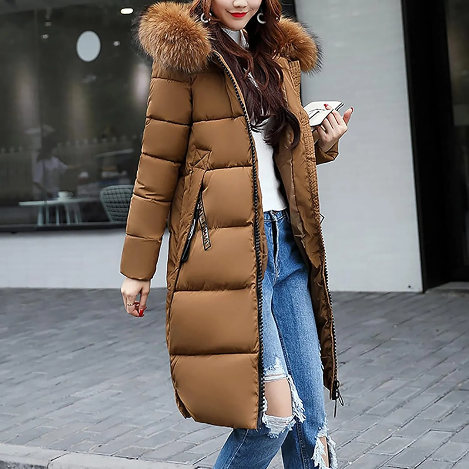 Womens Winter Coats Trendy Plus Size Long Down Coat Hooded Thickened Quilted Warm Maxi Parka Puffer Jackets Outerwear