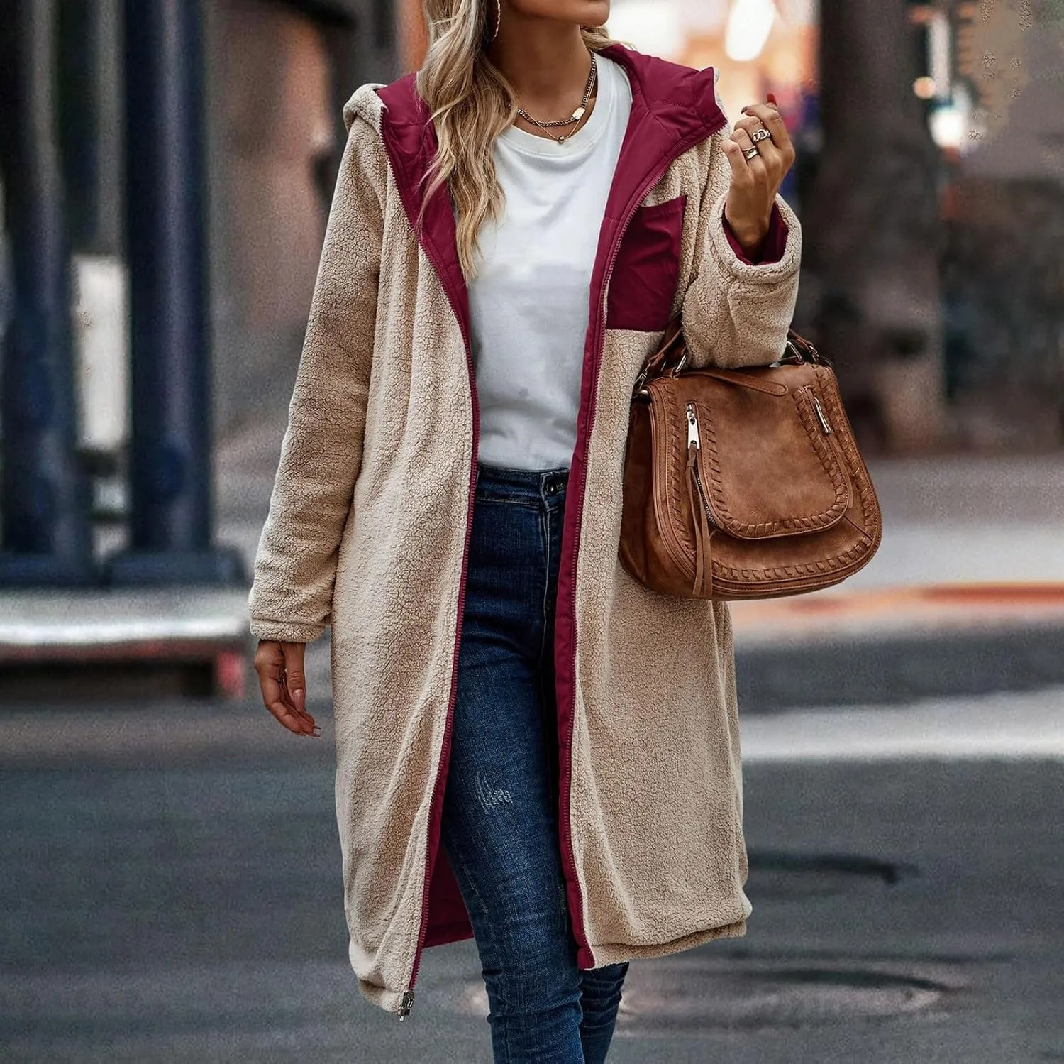 Womens Winter Oversized Padded Long Coats Reversible Sherpa Fleece Lined Hooded Puffer Jackets Outerwear with Pockets