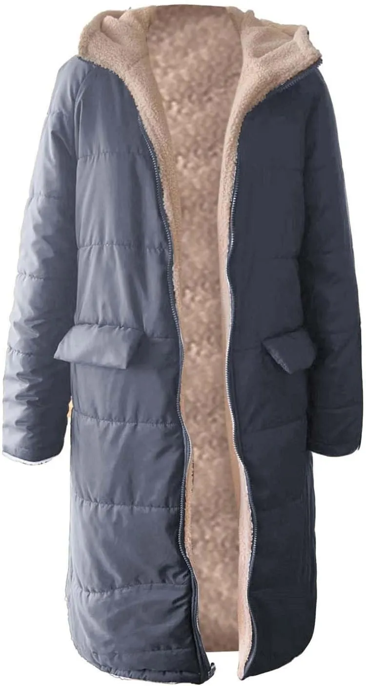 Womens Winter Oversized Padded Long Coats Reversible Sherpa Fleece Lined Hooded Puffer Jackets Outerwear with Pockets