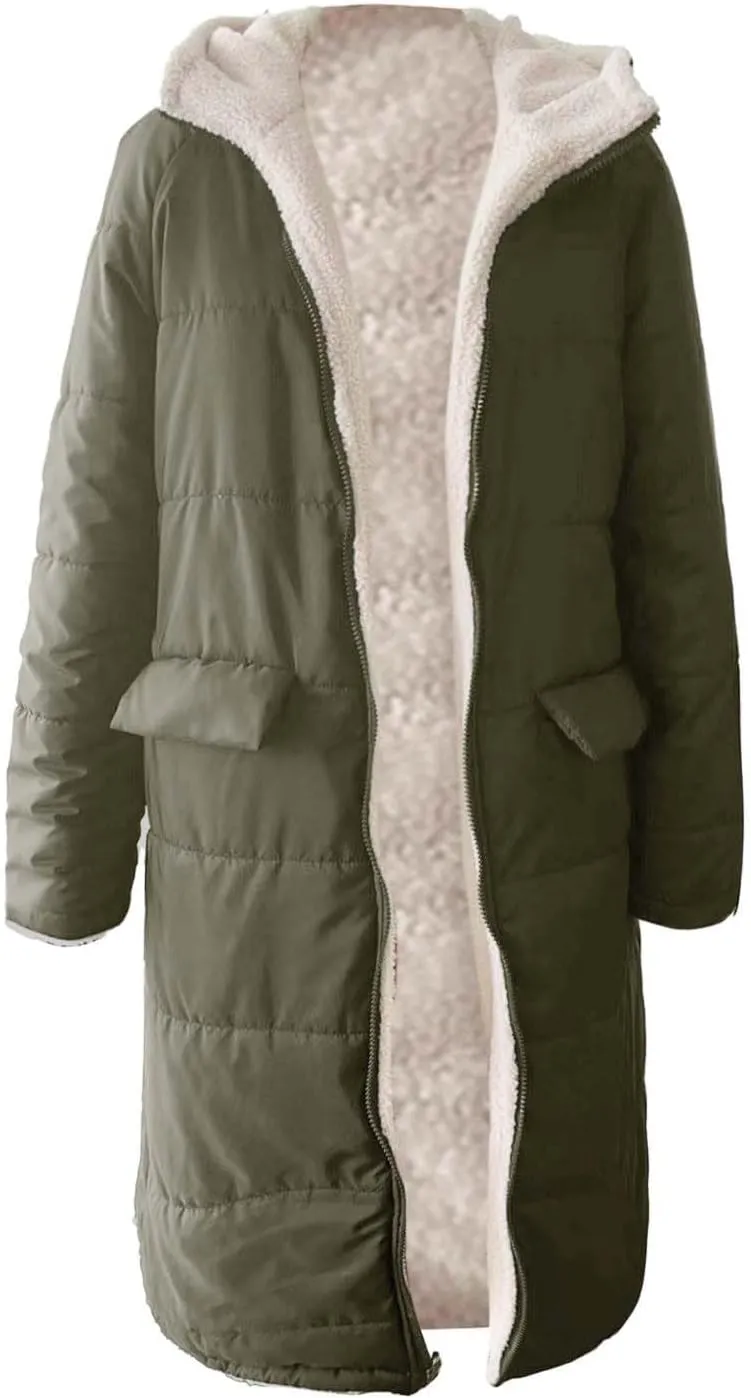 Womens Winter Oversized Padded Long Coats Reversible Sherpa Fleece Lined Hooded Puffer Jackets Outerwear with Pockets