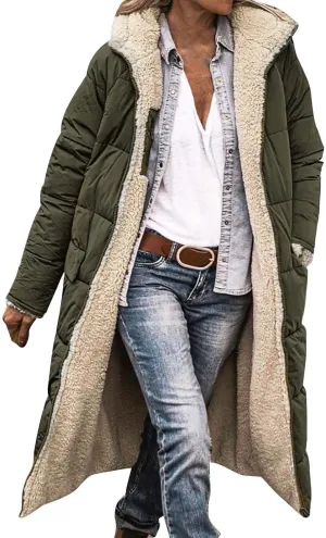 Womens Winter Oversized Padded Long Coats Reversible Sherpa Fleece Lined Hooded Puffer Jackets Outerwear with Pockets