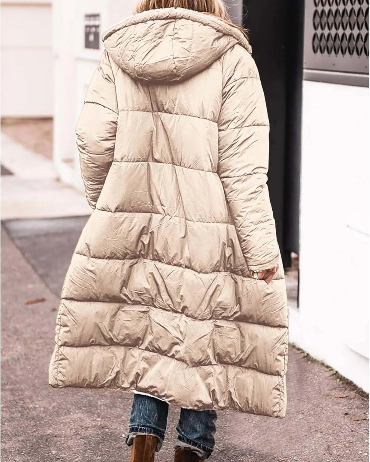 Womens Winter Oversized Padded Long Coats Reversible Sherpa Fleece Lined Hooded Puffer Jackets Outerwear with Pockets
