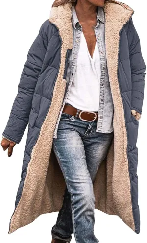 Womens Winter Oversized Padded Long Coats Reversible Sherpa Fleece Lined Hooded Puffer Jackets Outerwear with Pockets
