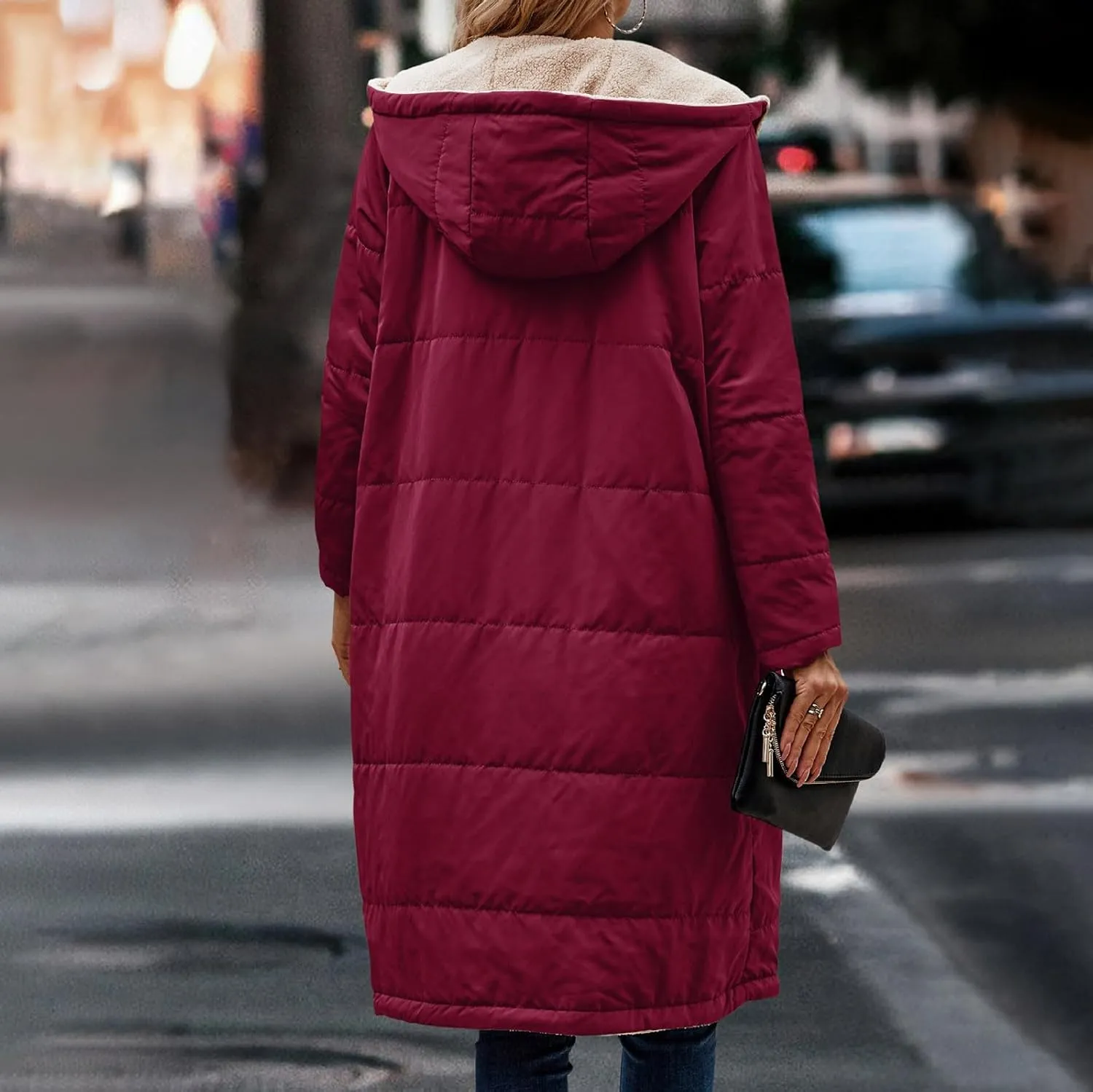 Womens Winter Oversized Padded Long Coats Reversible Sherpa Fleece Lined Hooded Puffer Jackets Outerwear with Pockets