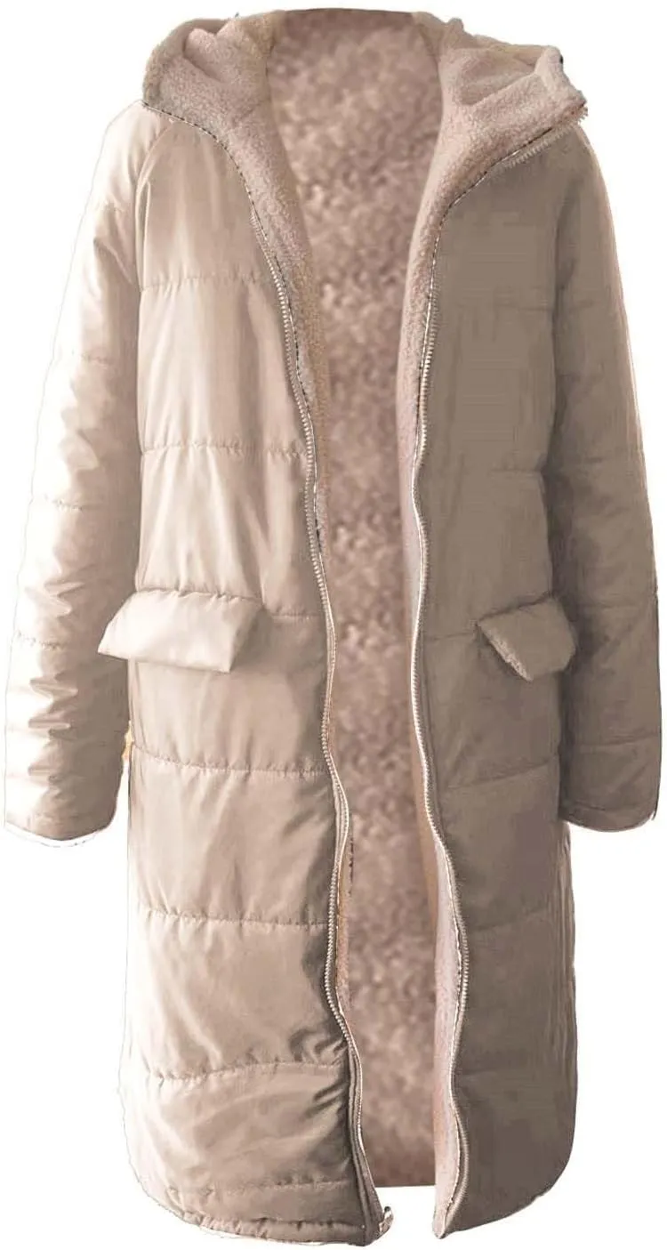 Womens Winter Oversized Padded Long Coats Reversible Sherpa Fleece Lined Hooded Puffer Jackets Outerwear with Pockets