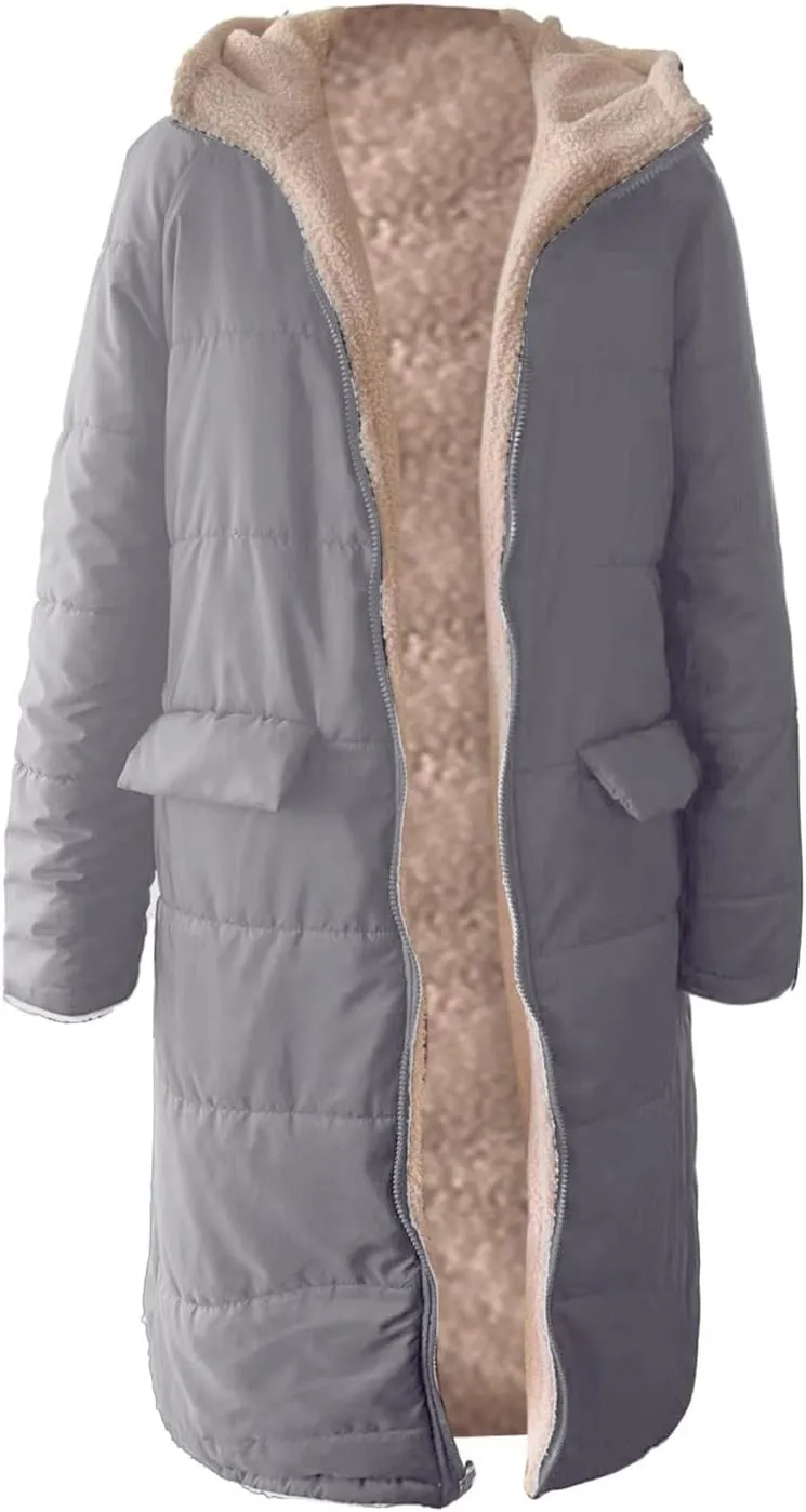 Womens Winter Oversized Padded Long Coats Reversible Sherpa Fleece Lined Hooded Puffer Jackets Outerwear with Pockets