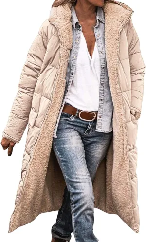 Womens Winter Oversized Padded Long Coats Reversible Sherpa Fleece Lined Hooded Puffer Jackets Outerwear with Pockets