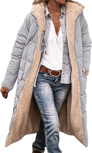 Womens Winter Oversized Padded Long Coats Reversible Sherpa Fleece Lined Hooded Puffer Jackets Outerwear with Pockets