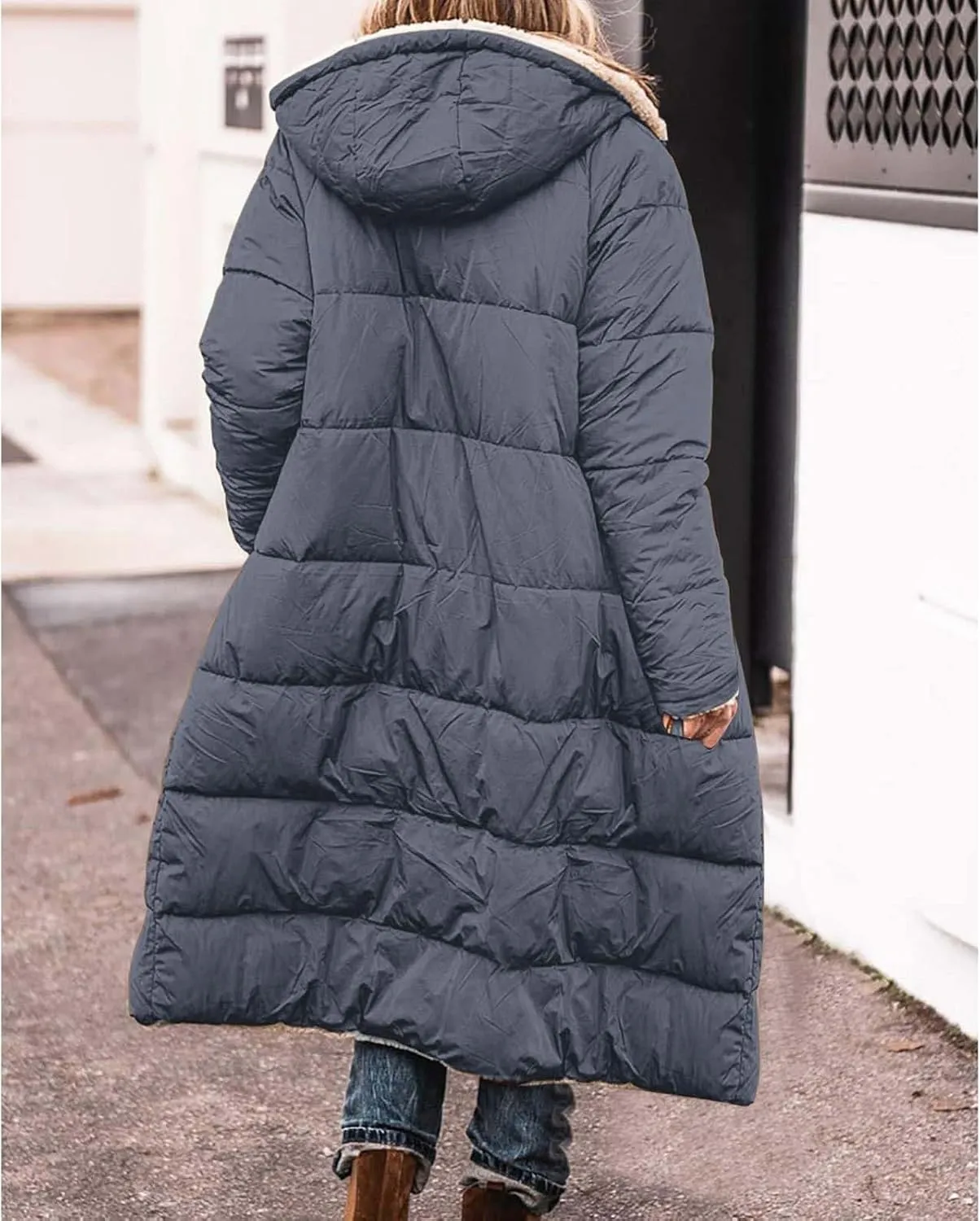 Womens Winter Oversized Padded Long Coats Reversible Sherpa Fleece Lined Hooded Puffer Jackets Outerwear with Pockets