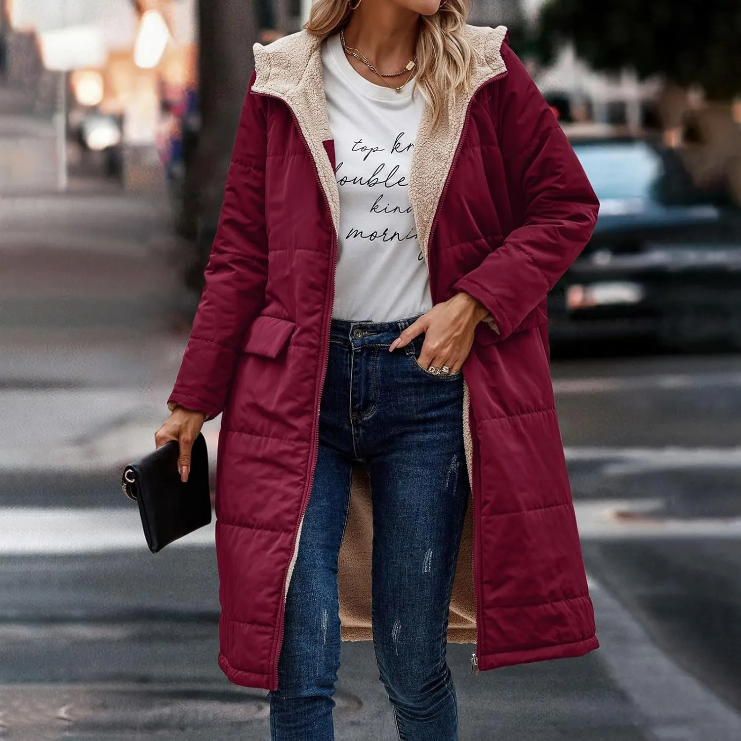 Womens Winter Oversized Padded Long Coats Reversible Sherpa Fleece Lined Hooded Puffer Jackets Outerwear with Pockets