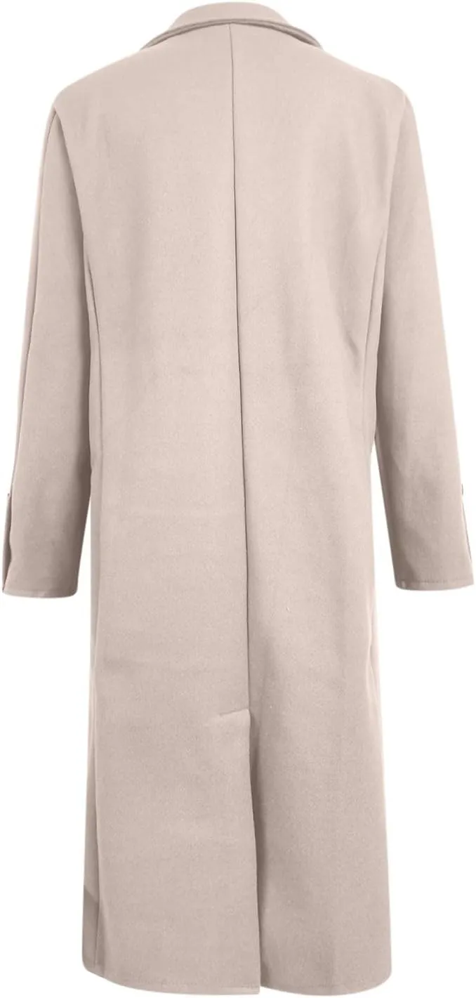Womens Winter Peacoat Elegant Notch Lapel Trench Coat Wool Blend Mid-Long Single-Breasted Coat Jackets Outerwear