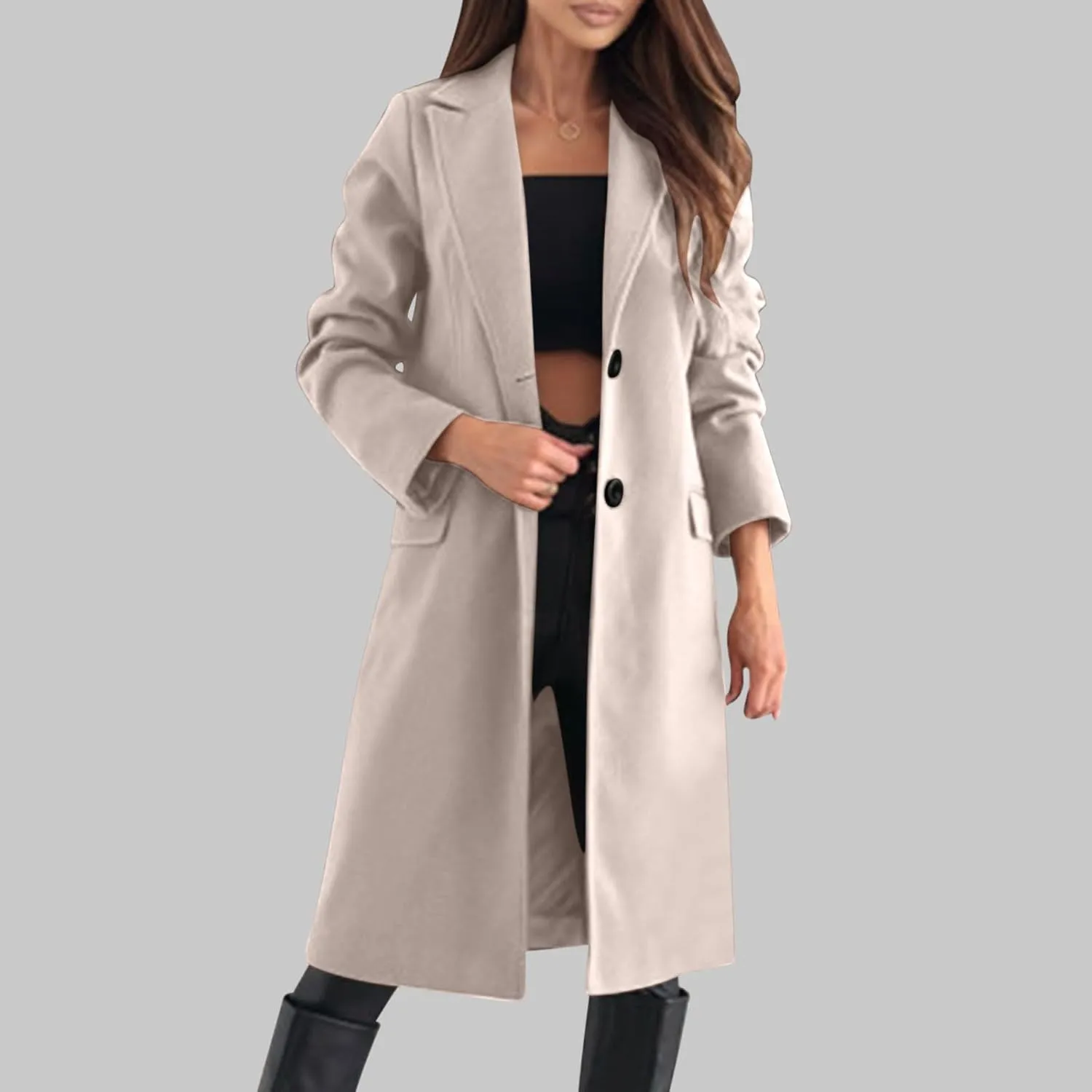 Womens Winter Peacoat Elegant Notch Lapel Trench Coat Wool Blend Mid-Long Single-Breasted Coat Jackets Outerwear