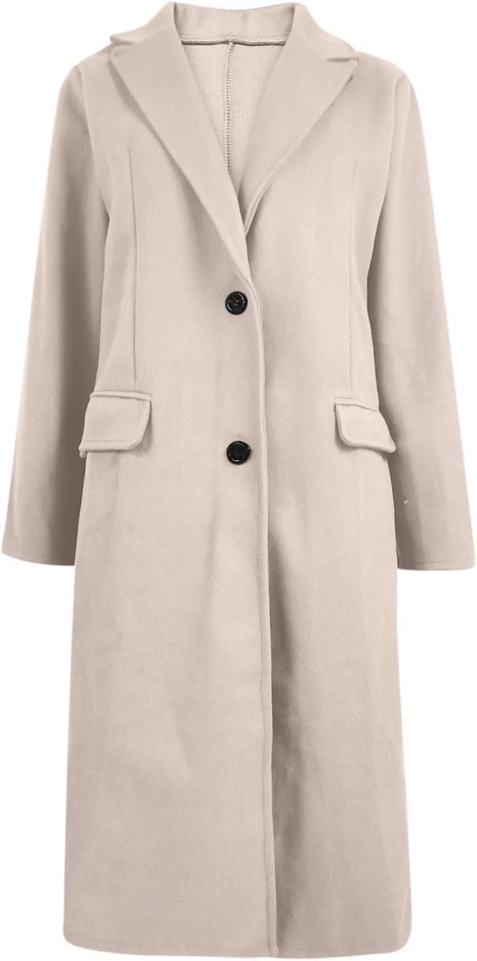 Womens Winter Peacoat Elegant Notch Lapel Trench Coat Wool Blend Mid-Long Single-Breasted Coat Jackets Outerwear
