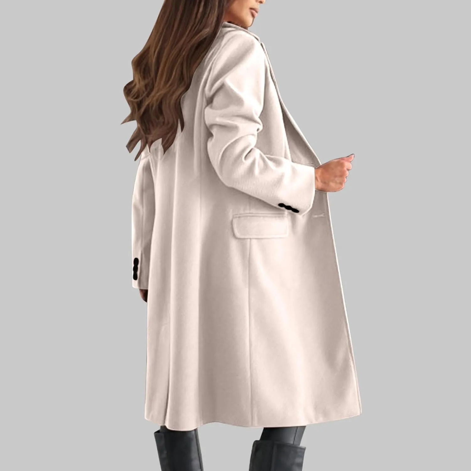 Womens Winter Peacoat Elegant Notch Lapel Trench Coat Wool Blend Mid-Long Single-Breasted Coat Jackets Outerwear