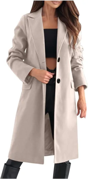 Womens Winter Peacoat Elegant Notch Lapel Trench Coat Wool Blend Mid-Long Single-Breasted Coat Jackets Outerwear