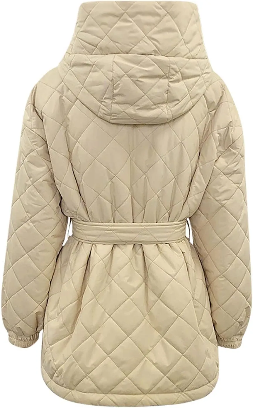 Womens Winter Puffer Jacket Hooded Down Coat Casual Quilted Baggy Long Sleeve Zip Puffy Jackets Outerwear with Belt