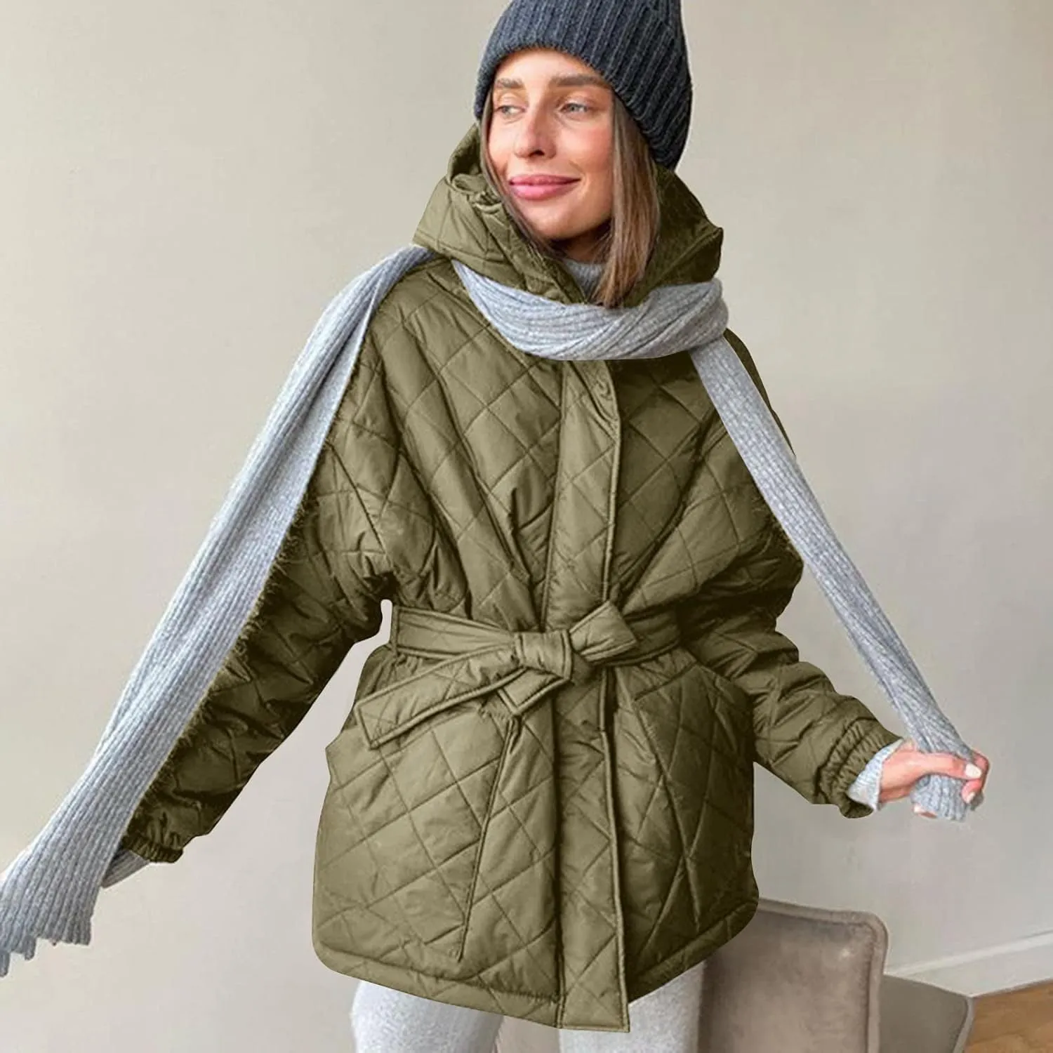 Womens Winter Puffer Jacket Hooded Down Coat Casual Quilted Baggy Long Sleeve Zip Puffy Jackets Outerwear with Belt