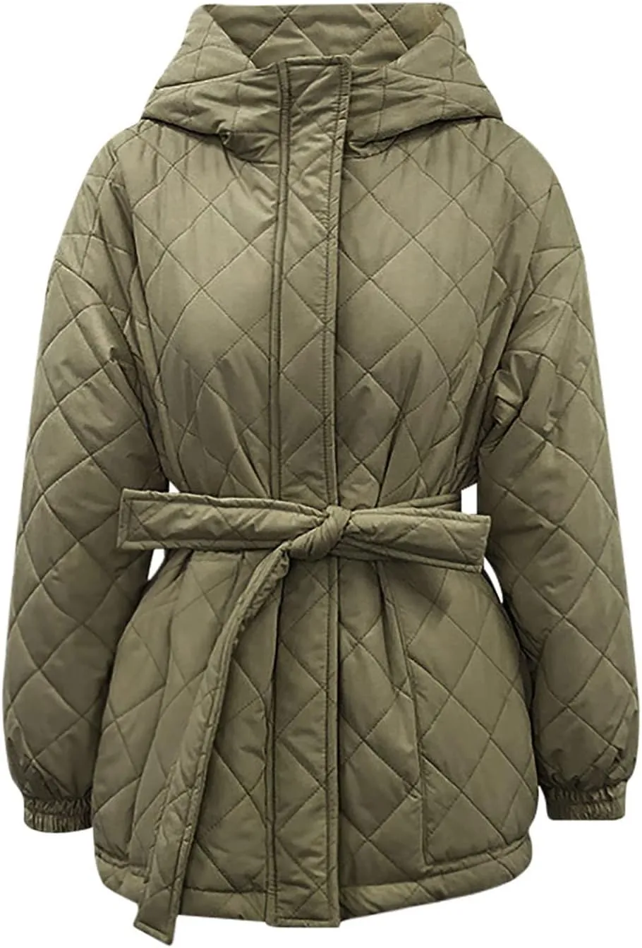 Womens Winter Puffer Jacket Hooded Down Coat Casual Quilted Baggy Long Sleeve Zip Puffy Jackets Outerwear with Belt