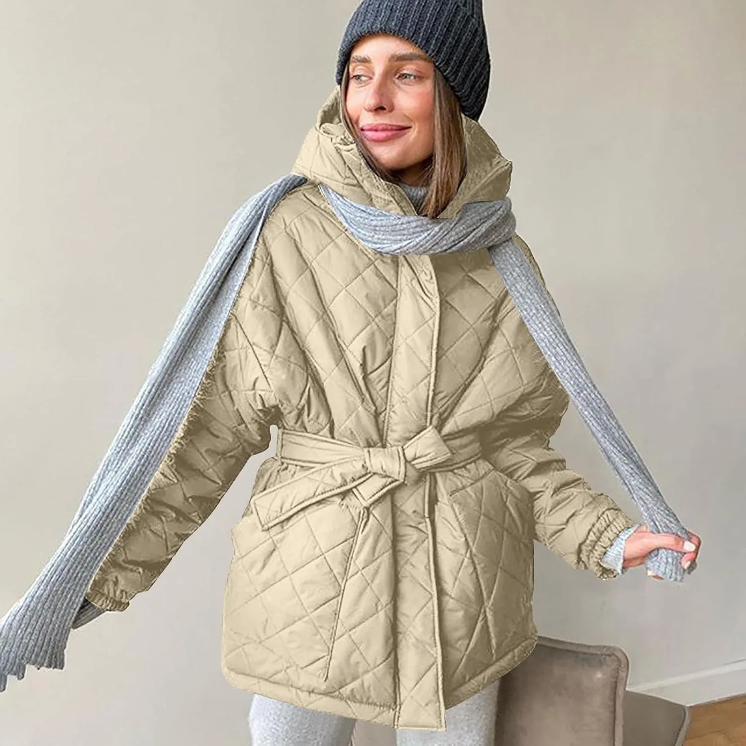 Womens Winter Puffer Jacket Hooded Down Coat Casual Quilted Baggy Long Sleeve Zip Puffy Jackets Outerwear with Belt