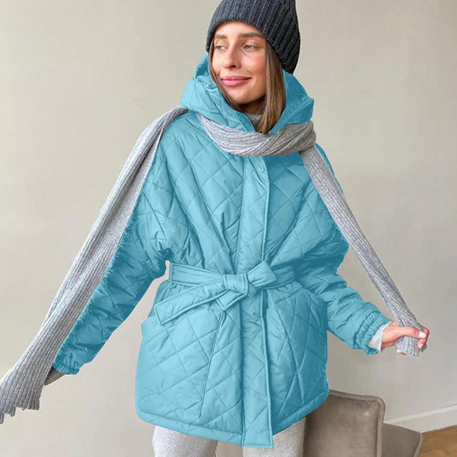 Womens Winter Puffer Jacket Hooded Down Coat Casual Quilted Baggy Long Sleeve Zip Puffy Jackets Outerwear with Belt