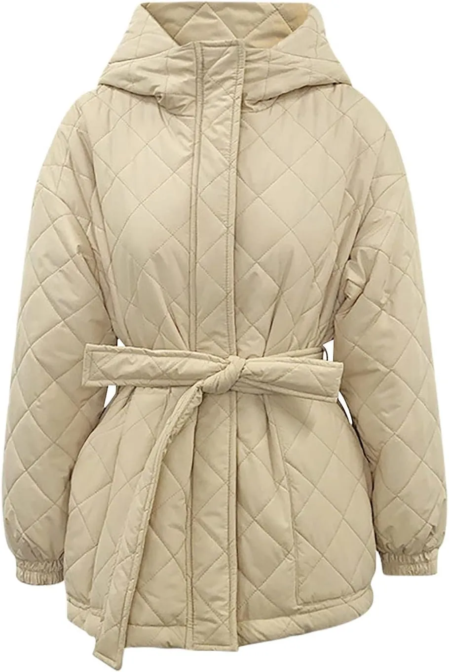 Womens Winter Puffer Jacket Hooded Down Coat Casual Quilted Baggy Long Sleeve Zip Puffy Jackets Outerwear with Belt