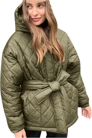 Womens Winter Puffer Jacket Hooded Down Coat Casual Quilted Baggy Long Sleeve Zip Puffy Jackets Outerwear with Belt