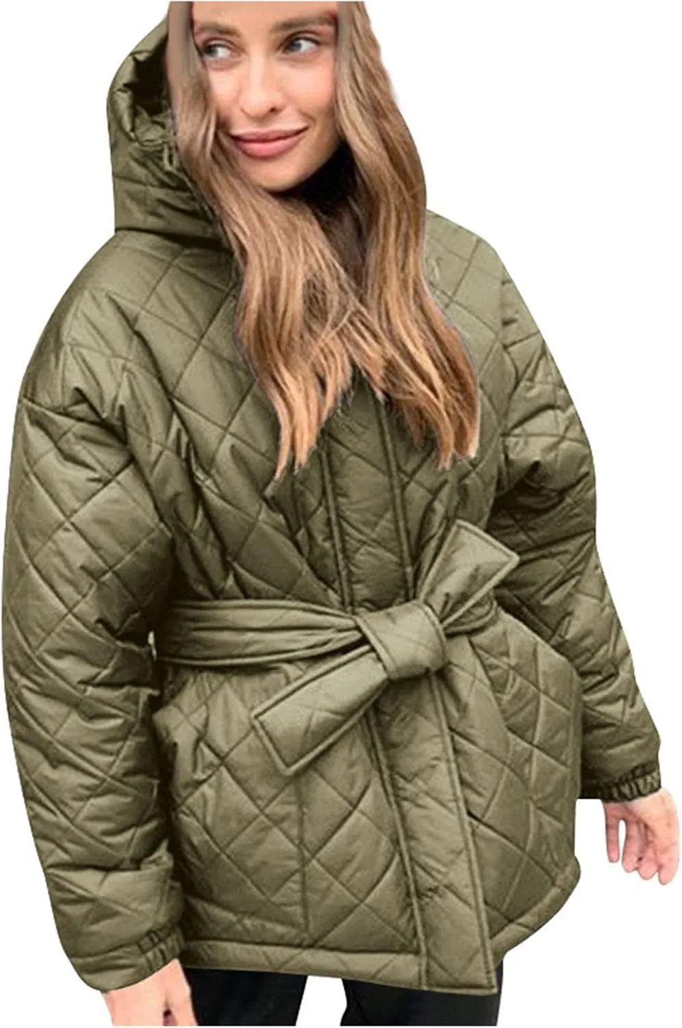 Womens Winter Puffer Jacket Hooded Down Coat Casual Quilted Baggy Long Sleeve Zip Puffy Jackets Outerwear with Belt