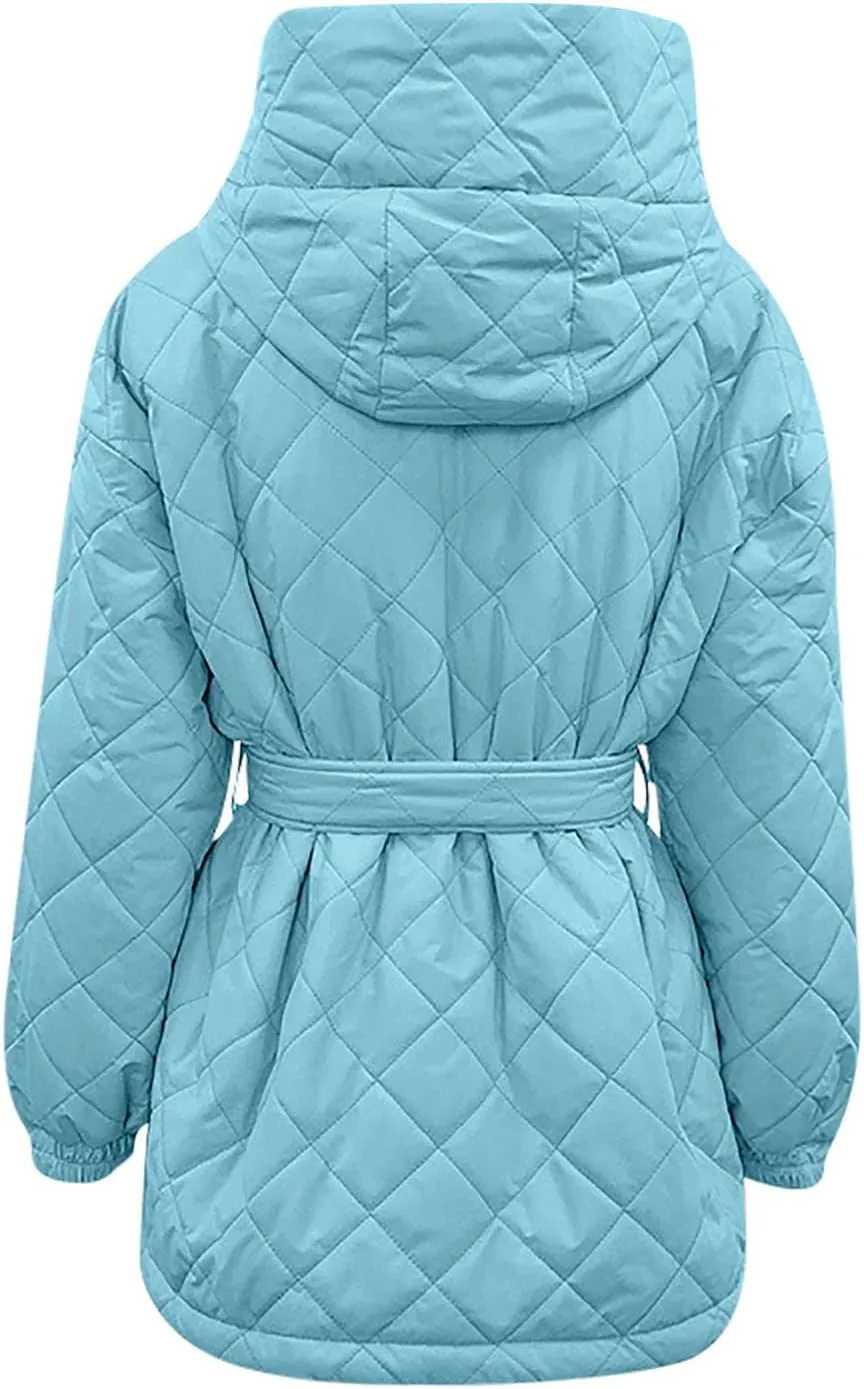 Womens Winter Puffer Jacket Hooded Down Coat Casual Quilted Baggy Long Sleeve Zip Puffy Jackets Outerwear with Belt