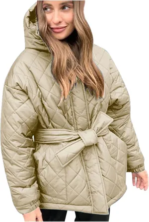 Womens Winter Puffer Jacket Hooded Down Coat Casual Quilted Baggy Long Sleeve Zip Puffy Jackets Outerwear with Belt