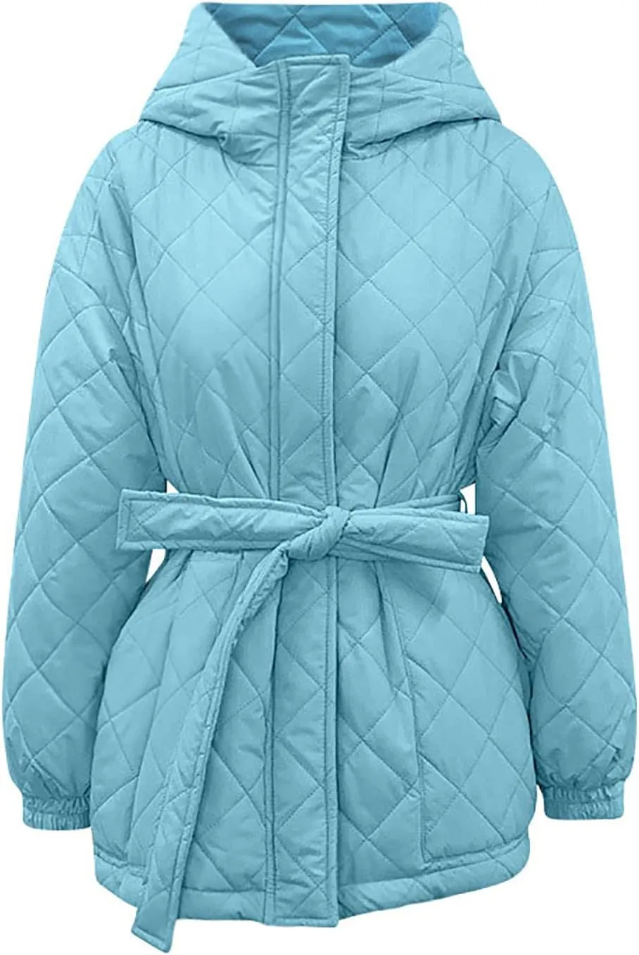 Womens Winter Puffer Jacket Hooded Down Coat Casual Quilted Baggy Long Sleeve Zip Puffy Jackets Outerwear with Belt