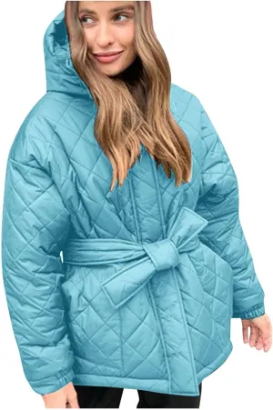 Womens Winter Puffer Jacket Hooded Down Coat Casual Quilted Baggy Long Sleeve Zip Puffy Jackets Outerwear with Belt