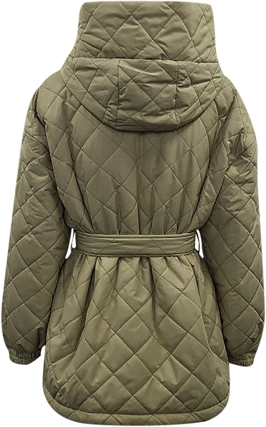 Womens Winter Puffer Jacket Hooded Down Coat Casual Quilted Baggy Long Sleeve Zip Puffy Jackets Outerwear with Belt