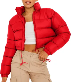 Women’s Winter Warm Cropped Puffer Jacket Coat Casual Quilted Baggy Long Sleeve Zip Down Sherpa Jackets Outerwear